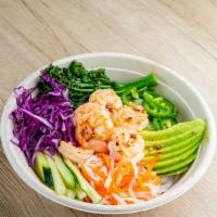 Bowl - Shrimpocado · Garlic Shrimp, Pickled Veggies, Cucumber, Jalapenos, Avocado, Roasted Broccolini, Purple Cab...