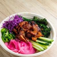Bowl - Spicy Porker · Gochujang Spicy Pork, Pickled Onions, Cucumbers, Jalapenos, Roasted Broccolini, Purple Cabba...