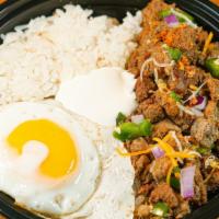 Sisig Rice Bowl w/ Egg · Rice bowl topped with sisig, sour cream, cheese, onions, jalapeños, and chicharron along wit...