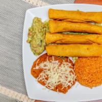 Taquitos · 4 deep fried corn tortillas rolled with shredded chicken, topped with sour cream and guacamo...