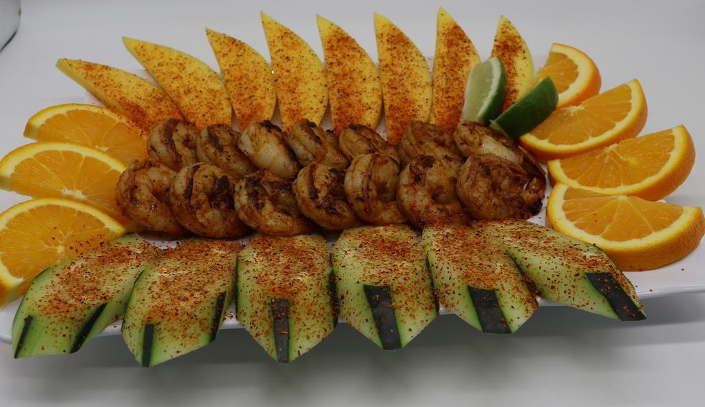 Botana Especial · Our most popular special botana, you gotta try it! Jumbo peeled shrimp grilled to perfection in our special medium-mild salsa recipe, combined with cucumber and mango.