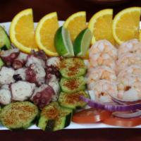 Botana Pulpera · Our unique cooked octopus and cooked jumbo shrimp, slices of avocado, red onion, tomato, cuc...