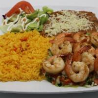 Camarones al Mojo de Ajo · Fresh shrimp sautéed with garlic and salt, served with salad, rice, fried beans, cheese, and...