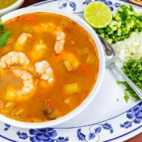 Caldo de Camarón · Tasty shrimp soup, this delicious broth comes with pieces of squash, potato, carrot, served ...