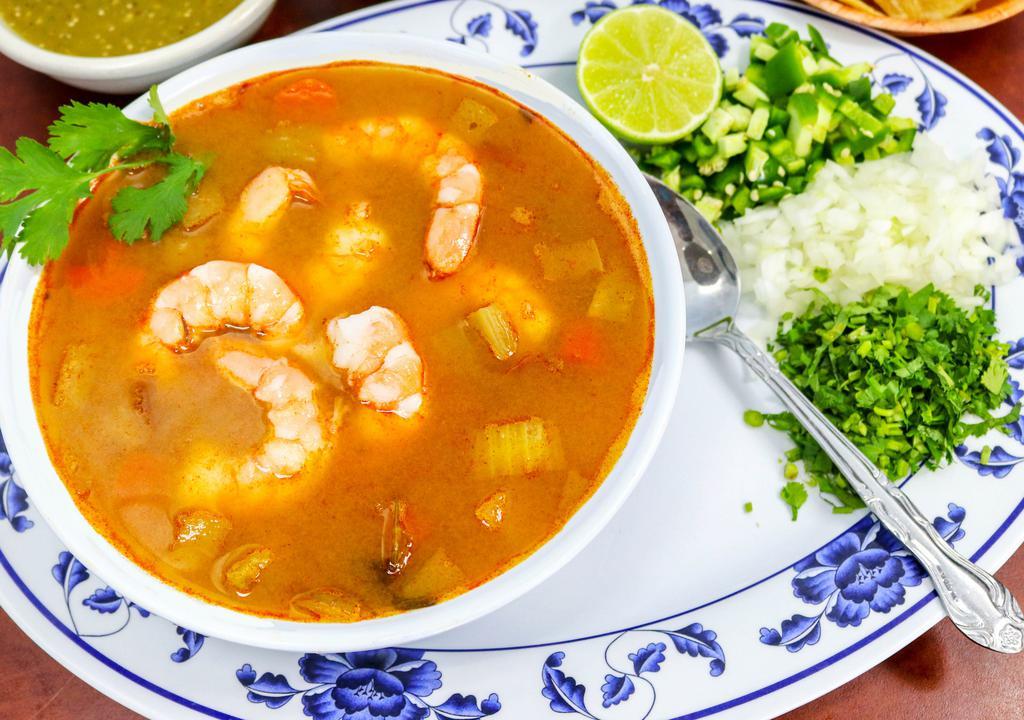 Caldo de Camarón · Tasty shrimp soup, this delicious broth comes with pieces of squash, potato, carrot, served with corn tortilla or hard corn tortillas.