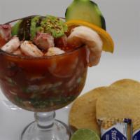 Campechana · Delicious shrimp cocktail and octopus, with small pieces of avocado, cucumber, onion, cilant...