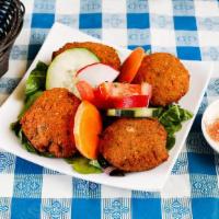 Falafel Appetizer with Tahini Sauce · Four Falafel balls with Tahini Dip.  Vegan, Gluten Free