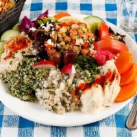 Salad Mediterranee · Hummus, baba ghanoush, tabuleh, Armenian potato salad, lentil salad, and mixed organic green...
