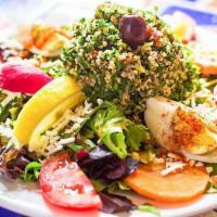 Large Green Salad · Gluten free, vegetarian, vegan. Organic mixed greens, cucumber, tomato, egg and a sprinkle o...