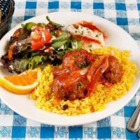 Lamb Lule Lunch · Superior Farms Halal grass-fed ground lamb meatballs with a tomato onion sauce served over r...