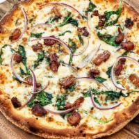 Trentino Pizza · Mozzarella, parmesan, crumbled feta, baby spinach, red onions, pancetta, herbs, Meyer lemon ...