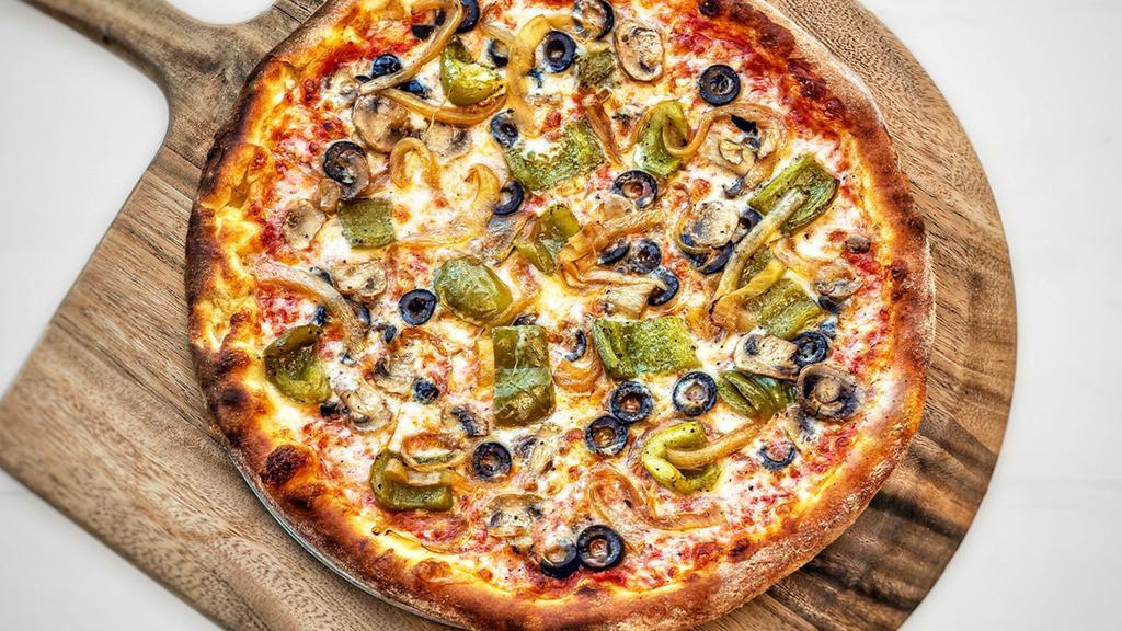 VEGGIE · mozzarella, tomato sauce, roasted green peppers, sauteed mushrooms, caramelized onions, black olives