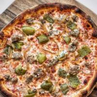 PHILLY · mozzarella, tomato sauce, roasted green peppers, caramelized onions, housemade Italian sausa...