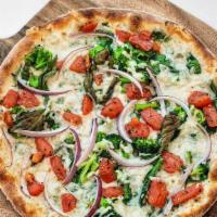 VEGAN PIE · mozzarella, daiya vegan cheese, baby spinach, roasted red peppers, red onions, tomatoes, fre...