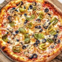 Veggie Pizza · Vegetarian. roasted green peppers, sautéed mushrooms, caramelized onions, black olives, and ...