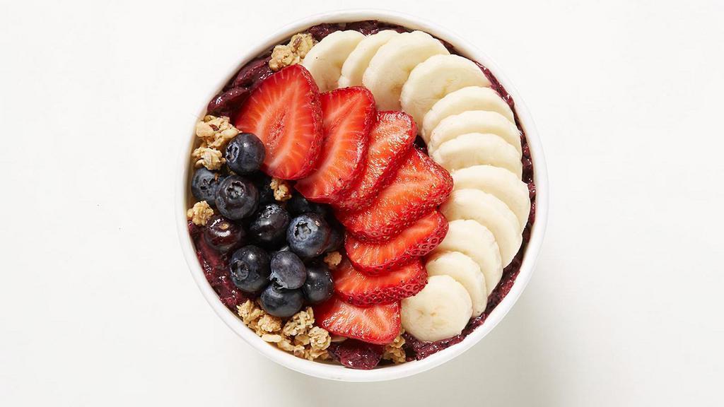 Acai Banana Berry Bowl · A dream team of berries is a staple to a nutritional diet. Unsweetened Acai blended with pineapple, plus strawberries, blueberries, banana, and housemade cashew milk for the perfect flavor and consistency, topped with hempseed granola, blueberries, fresh strawberry, and banana. 420 cal