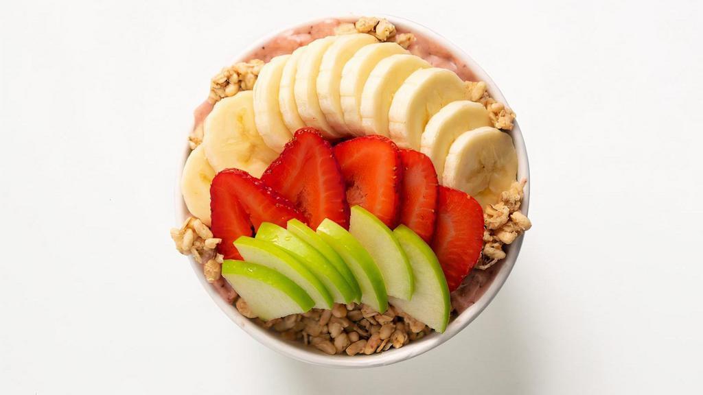 Peanut Butter Bowl · A healthy snack or post-workout filled with protein, the PB bowl is a peanut butter lover’s dream come true! Unsweetened Acai blended with pineapple, plus banana, strawberries, dates, peanut butter, and housemade cashew milk for the perfect consistency, topped with hempseed granola, fresh strawberry, green apple, and banana. 570 cal
