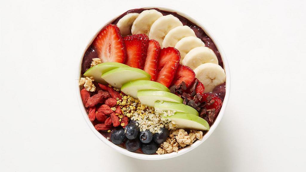 Acai Superfood Bowl · Unsweetened Acai blended with pineapple, plus banana, strawberry, blueberry, spinach, kale, and housemade cashew milk for the perfect flavor and consistency, topped with hempseed granola, fresh strawberry, blueberry, banana, goji berries, green apple, and superfood blend. 470 cal