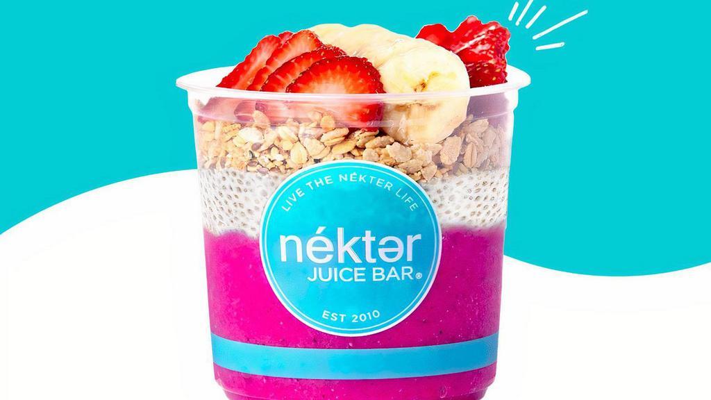 Immunity Bowl · Over 1000mg of vitamin C to kick your immunity into high gear! A delicious blend of dragon fruit, acerola cherry, strawberry, banana, agave, and housemade cashew milk with a layer of vanilla chia and topped with hempseed granola, fresh strawberry, and banana. 590 cal