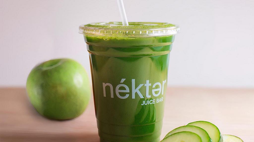 Green Apple Detox · A fresh mix on a juice that is both purifying and energizing. Green apple, cucumber, lemon, kale, and ginger. 150 / 220 / 290 cal