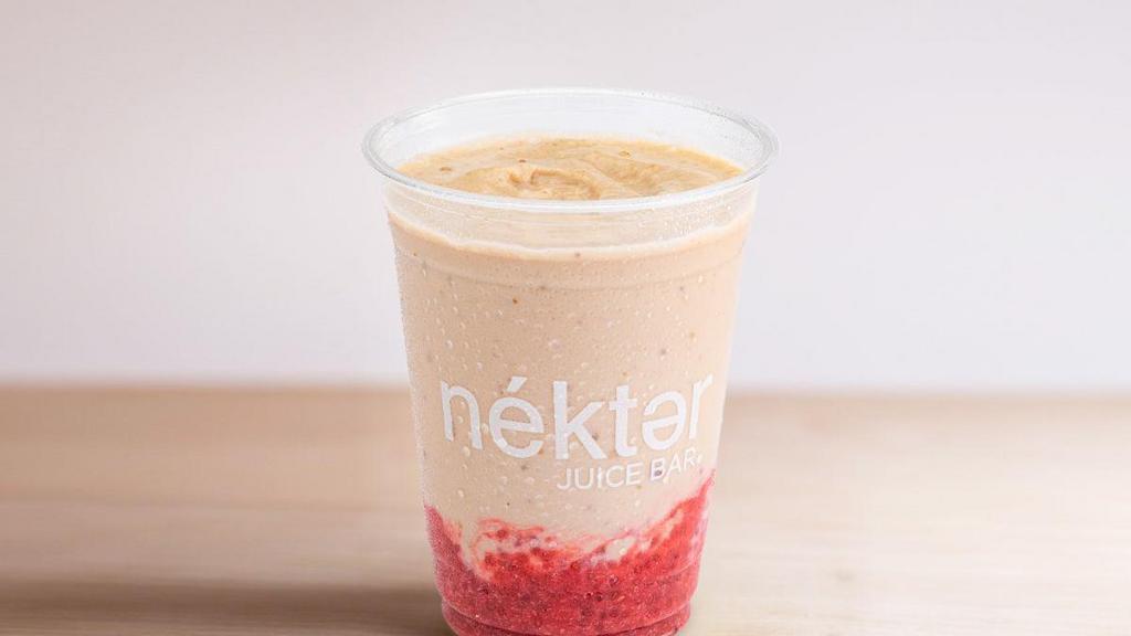 Pb&J Smoothie · Tastes like PB&J in a cup, but with natural ingredients: Peanut Butter, banana, dates, housemade cashew milk, and agave nectar poured over housemade strawberry chia jam!.