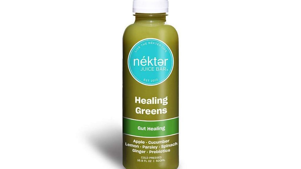Healing Greens · A healing blend with prebiotics to promote a healthy gut. Helps prevent bloat and improve digestion. Apple, cucumber, lemon, parsley, spinach, ginger, prebiotics. 190 cal.