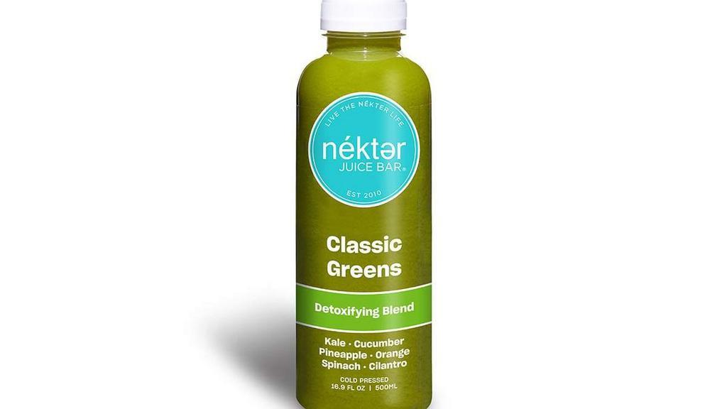 Classic Greens · A beautifying trio of antioxidant, anti-inflammatory and metal detoxifying properties. Pineapple, orange, cucumber, cilantro, spinach, kale. 140 cal.