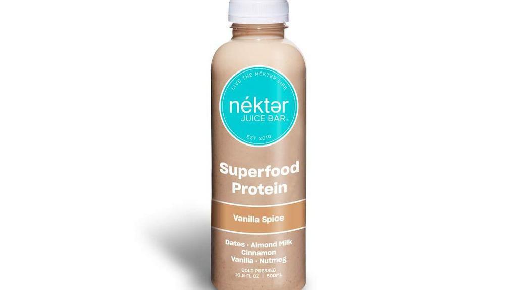 Vanilla Spice Superfood Protein · The perfect post-workout to help soothe muscles and maximize fat burning. Filtered water, almonds, dates, nutmeg, cinnamon, vanilla bean. 430 cal.