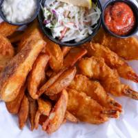 #6 - Jumbo Prawns · Five jumbo prawns served with chips & coleslaw