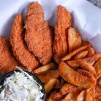 #4 - Chicken Tenders · Four chicken tenders served with chips & coleslaw