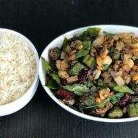Bhindi (Okra) Fry · Okra fry, tossed with Indian Spices and topped with peanuts and cashews.