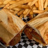 Meatball Sandwich · Meatballs smothered in our marinara sauce and top with Monteray Jack and Mozzarella cheeses ...