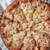#07. Hawaiian Special · Original red sauce, Canadian style bacon, ham, pineapple, and extra cheese.