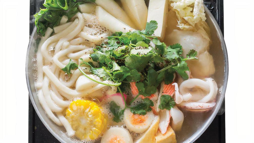 Combination Pot · Spicy. Napa cabbage, spinach, straw mushrooms, corn, long rice cake, fish cake, kamaboko fish cake, fish balls with roe, imitation crab, squid rings, octopus, fish, and udon noodles in house special broth.