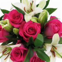 Debi Lilly Fragrant Rose Bouquet · Roses and Lilies with greens, color may vary