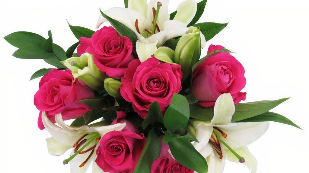 Debi Lilly Fragrant Rose Bouquet · Roses and Lilies with greens, color may vary