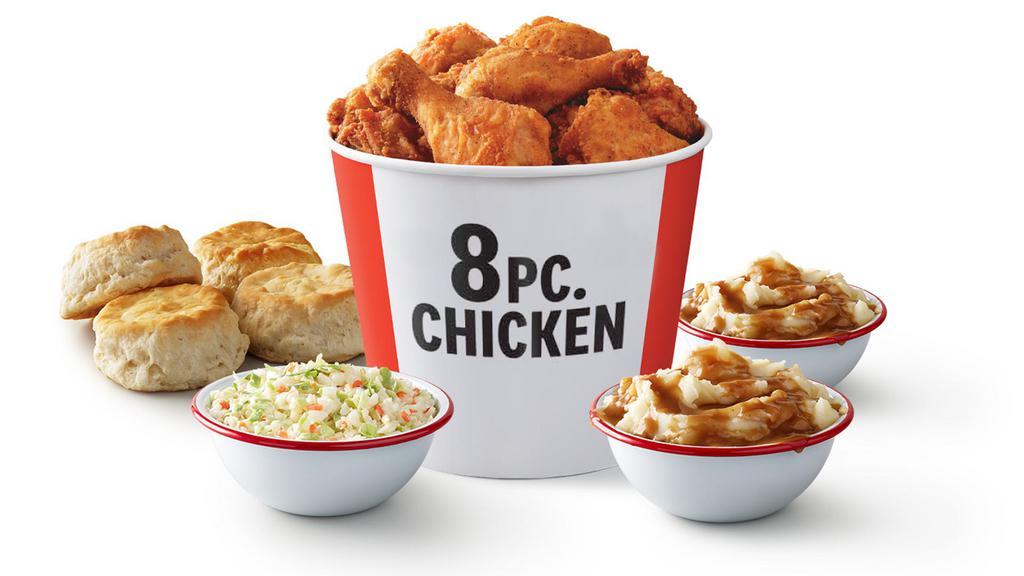 8 Piece Family Fill Up · 8 pieces of our freshly prepared chicken, available in Original Recipe, Extra Crispy, or Kentucky Grilled, 1 large mashed potatoes & gravy, 1 large mashed potatoes, 1 large cole slaw, and 4 biscuits. (4180-9490 cal.)