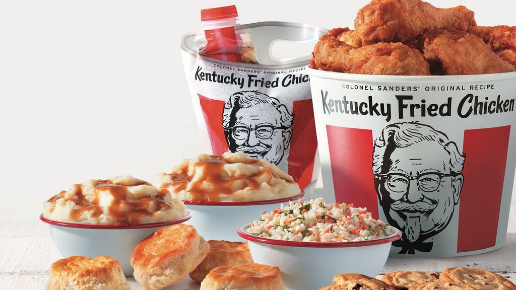 10 Piece Feast · 10 pieces of our freshly prepared chicken, available in Original Recipe or Extra Crispy, 2 large mashed potatoes, a gravy, a large cole slaw, 4 biscuits, a beverage bucket, and 4 cookies. (4140-6700 cal.)