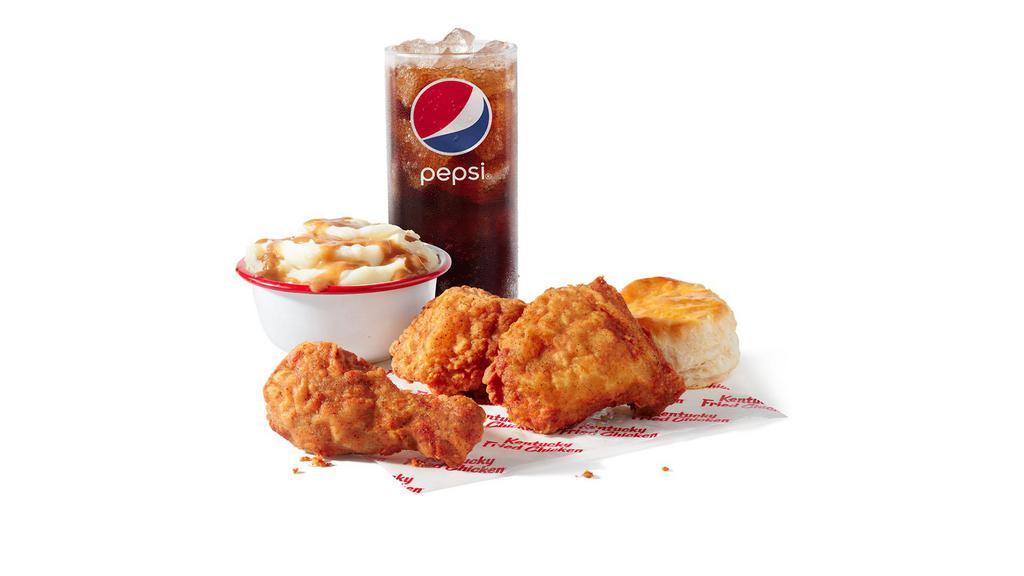 3 Pc. Chicken Combo · 3 pieces of chicken available in Original Recipe or Extra Crispy, 1 side of your choice, biscuit, and a medium drink. (940-1920 cal.)
