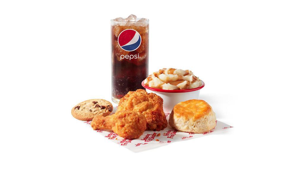 2 Pc. Drum & Thigh Fill Up · A drumstick & thigh, available in Original Recipe or Extra Crispy, 1 side of your choice, biscuit, a cookie, and a medium drink. (780-1310 cal.)