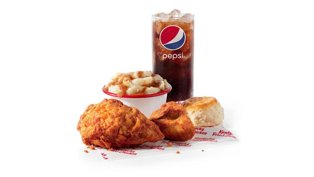 2 Pc. Breast & Wing Combo · A breast & wing, available in Original Recipe or Extra Crispy, a side of your choice, a biscuit, and a medium drink. (770-1390 cal.)