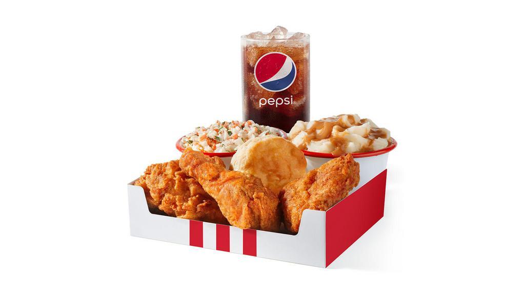 3 pc. Chicken Box · 3 pieces of chicken available in Original Recipe or Extra Crispy, 2 sides of your choice, a biscuit, and a medium drink. (1010-2150 cal.)