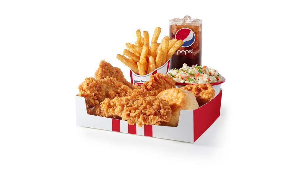 5 Pc. Tenders Box · 5 Extra Crispy Tenders, 2 sides of your choice, a biscuit, 2 dipping sauces, and a medium drink. (1000-1860 cal.)
