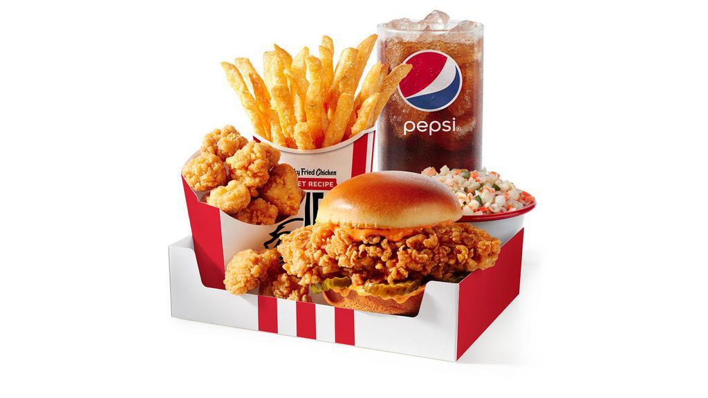Classic Chicken Sandwich Box · Our Classic Chicken Sandwich (extra crispy filet with premium pickles, mayo, on a brioche-style bun), three sides of your choice, and a medium drink. (860-1620 cal.)