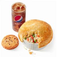 Pot Pie Fill Up · Classic chicken pot pie with a cookie and your choice of a medium drink. (840-1120 cal.)
