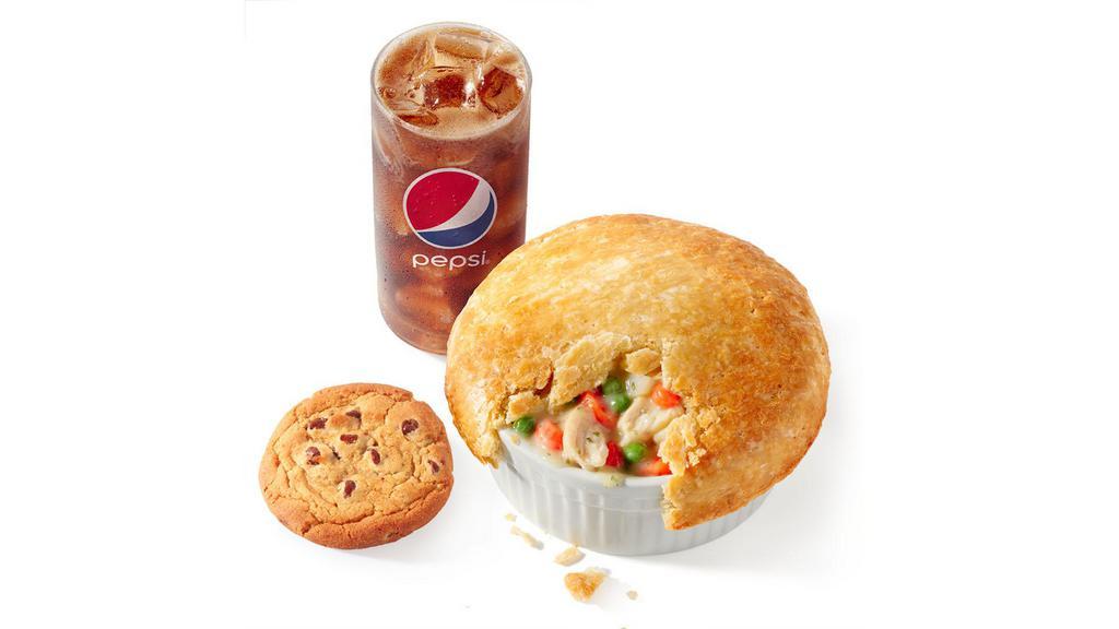 Pot Pie Fill Up · Classic chicken pot pie with a cookie and your choice of a medium drink. (840-1120 cal.)