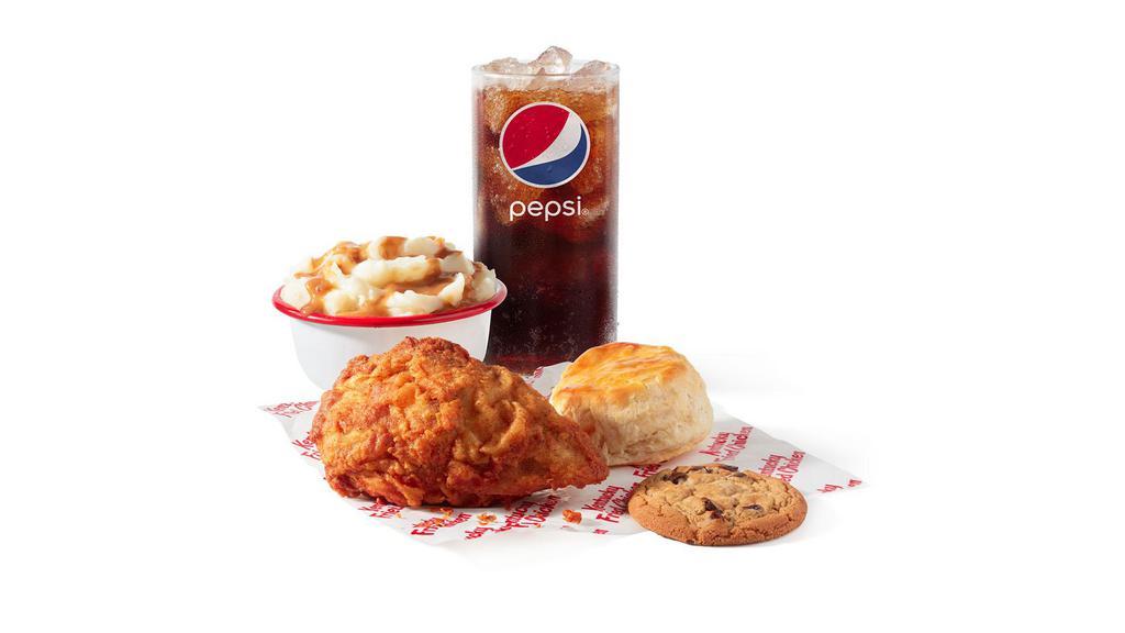 1 Piece Breast Fill Up · A breast, available in Original Recipe or Extra Crispy, 1 side of your choice, a biscuit, a cookie, and a medium drink. (760-1340 cal.)