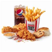 3 Tenders Fill Up · 3 Extra Crispy Tenders, 1 side of your choice, a biscuit, a cookie, your choice of a dipping...
