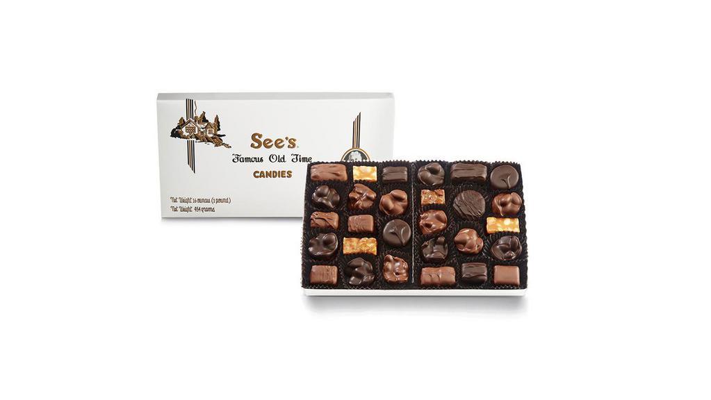 1# Nuts & Chews · Satisfyingly crunchy and chewy. Featuring California-grown walnuts, almonds, rich caramel and more enrobed in layers of milk and dark chocolate, this assortment includes*:

Almond Square, Caramel, Dark Almond, Dark Butterchew, Dark Nougat, Dark Patties, Milk Almond, Milk Butterchew, Milk Chocolate Butter Caramel, Mini Peanut Square, Peanut Nougat, Peanut Square, Rum Nougat, Scotchmallow®, Walnut Square. 

*Replacements may be made depending on candy availability.
