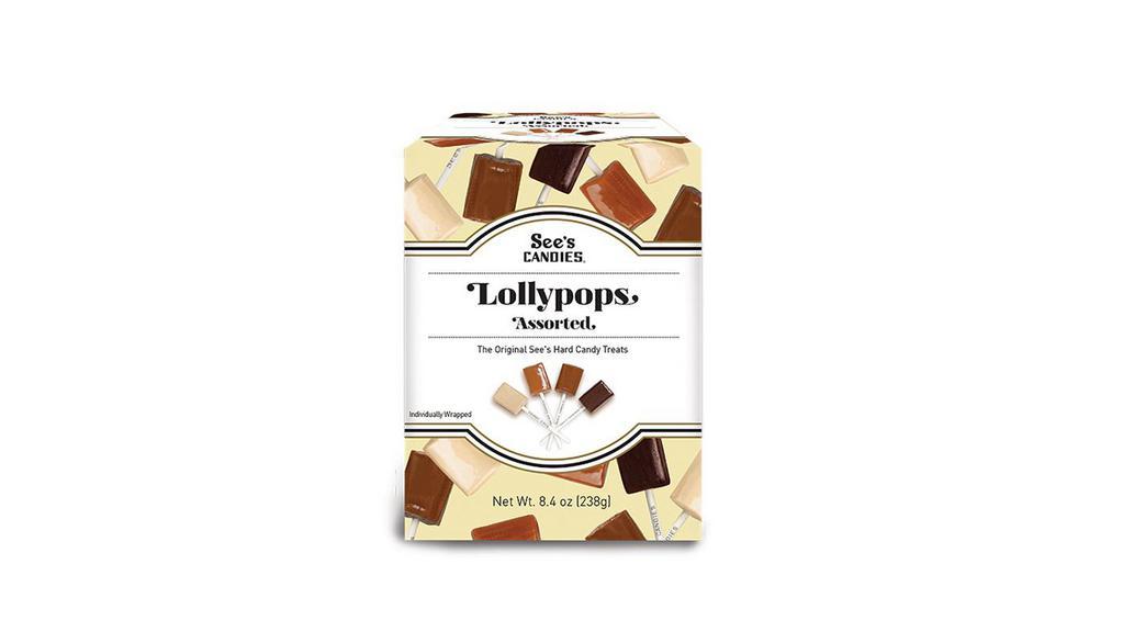 12-Assorted Lollypops · This gourmet candy-on-a-stick is great for picnics, sack lunches or an anytime snack. Made with dairy-fresh butter, heavy cream and flavored with real vanilla, Colombian coffee, chocolate and butterscotch. Approximately 12 per box.